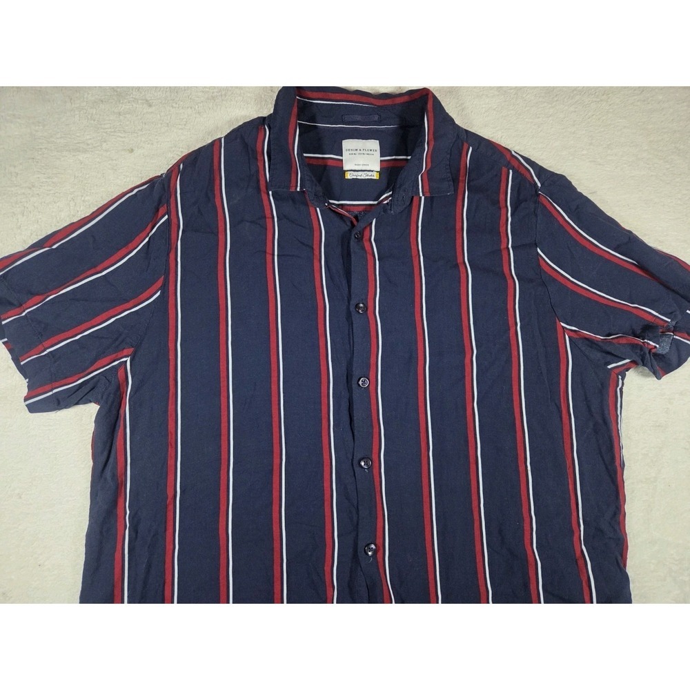 Denim & Flower Ricky Singh Striped Button Up Shirt Men's XL Short Sleeve Navy...